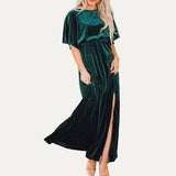 Solid Velvet Round Neck Half Sleeves Maxi Dress: Orange Brown / L