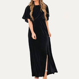 Solid Velvet Round Neck Half Sleeves Maxi Dress: Orange Brown / M