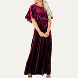 Solid Velvet Round Neck Half Sleeves Maxi Dress: Orange Brown / XL