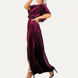 Solid Velvet Round Neck Half Sleeves Maxi Dress: Orange Brown / L