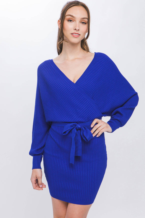 SI-23921 Wrap Belted Sweater Dress: Royal-161338 / L