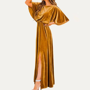 Solid Velvet Round Neck Half Sleeves Maxi Dress: Orange Brown / S