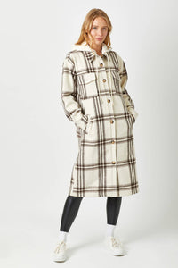 60249 Twofer Hoodie Plaid Long Jacket: Cream / M